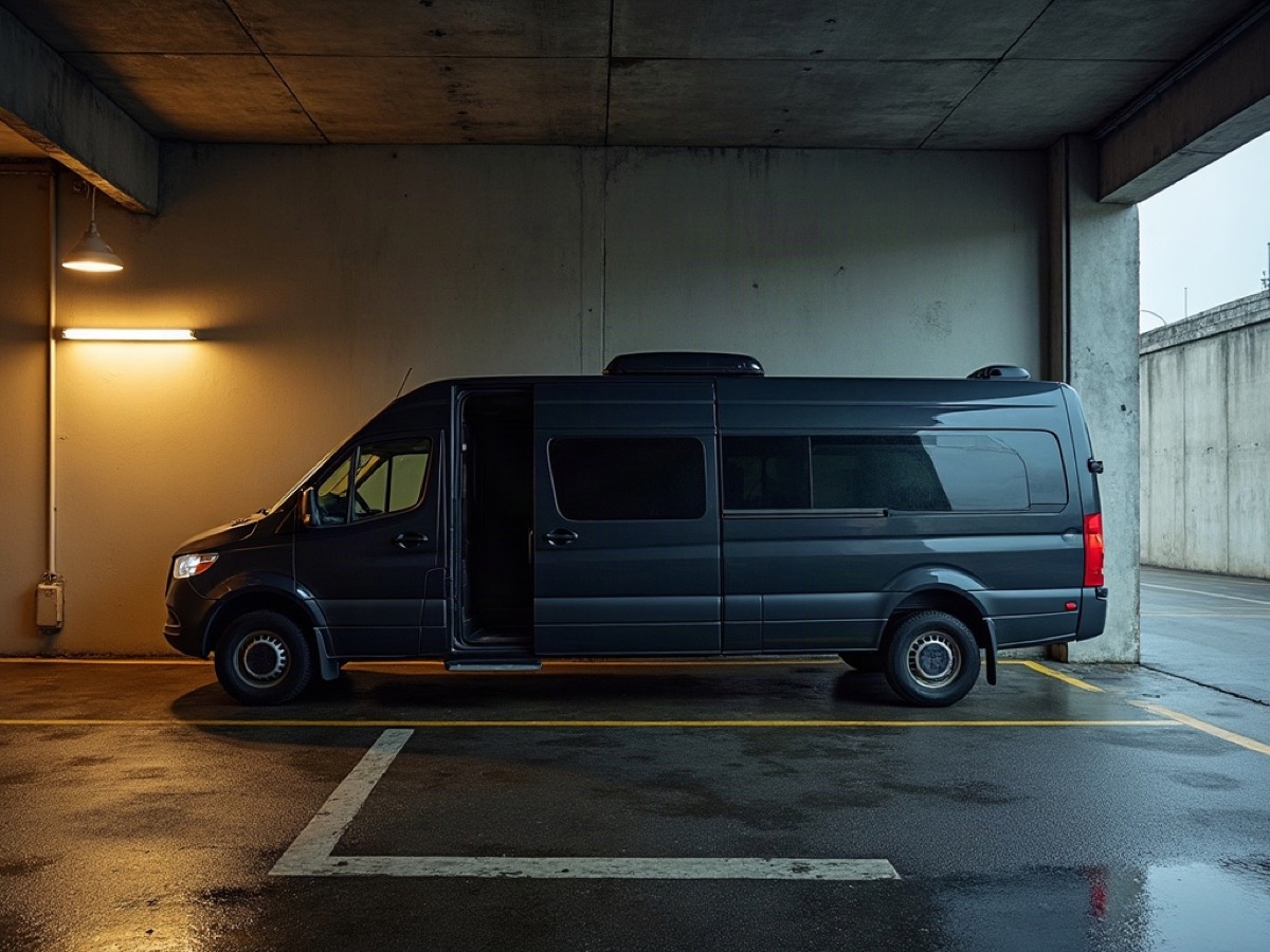 Dark passenger minivan parked in a concrete dispatch bay