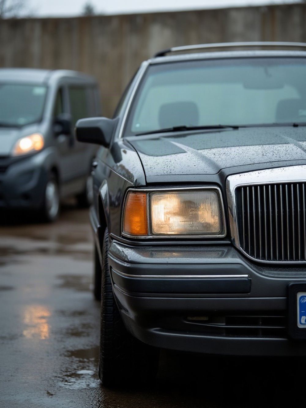 Dark passenger sedan and a minivan on wet asphalt at the Odesa yard