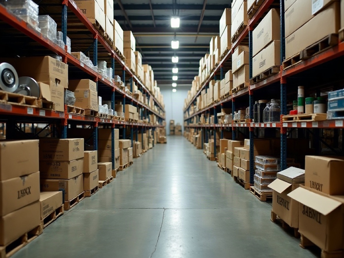 Steel racks of boxed original auto parts in a concrete warehouse aisle