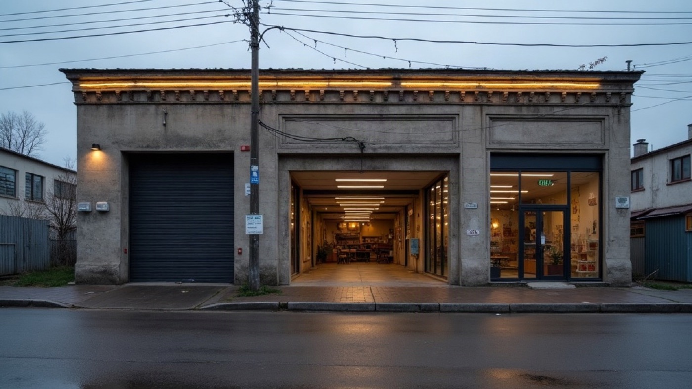 Two-storey commercial building in Odesa with a garage door and warehouse bay