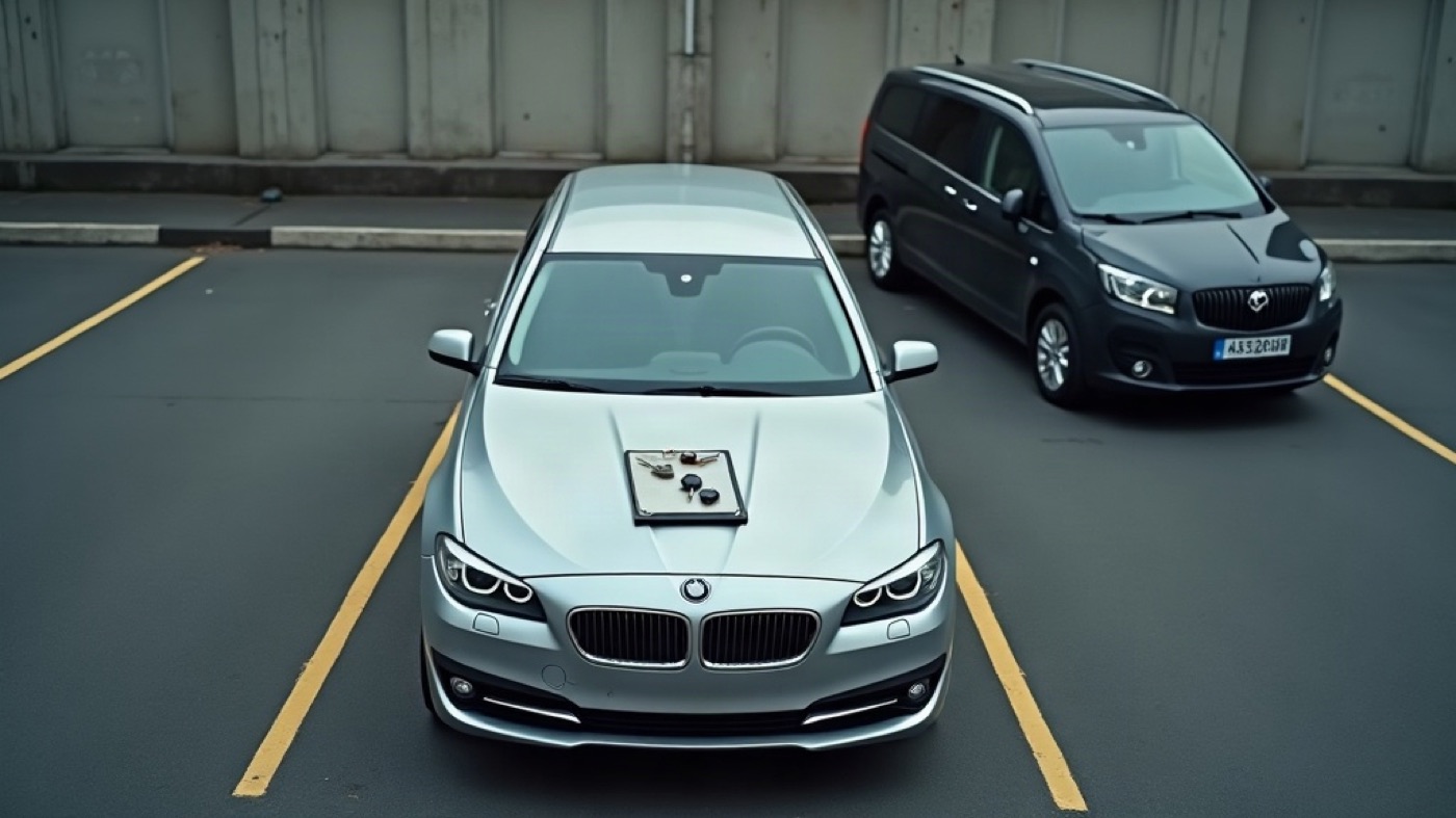 Silver sedan and dark minivan in a concrete rental bay